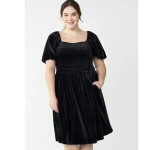 Draper James Dress Womens 1X Black Velvet Smocked Skater Babydoll Holiday Party